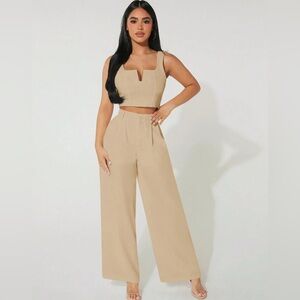 Crop Top And Pleated Wide Leg Pants Two Piece Set